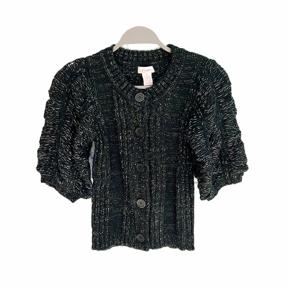 NWT Candie’s Juniors Black Metallic Thread Cardigan Bubble Sleeve Sweater Small
